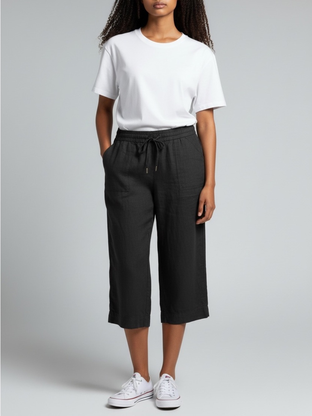 Land 'n Sea Cropped Capri Pants Womens Plus 2X Black Linen Blend Elastic Waist